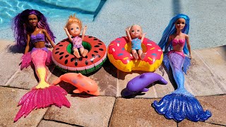 Mermaids  Elsa amp Anna toddlers  Barbie dolls  pool fun  floaties  water fun [upl. by Suh]