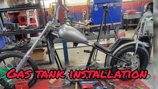 SHOVELHEAD CHOPPER BUILD  GAS TANK INSTALLATION  harleydavidson shovelhead chopper [upl. by Herrmann]