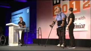 Live Exoskeleton Demo Ekso Bionics Lyne Vale  WIRED [upl. by Ahnavas]