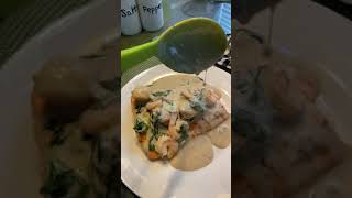 Shrimp and Scallops over Baked Salmon in Creamy Sauce [upl. by Fasto]