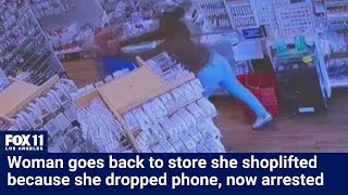 Woman shoplifts store returns to ask for her phone back [upl. by Aynosal]