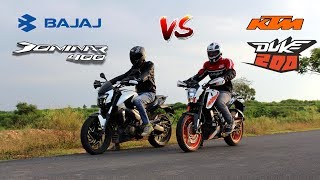 Bajaj Dominar 400 vs Ktm Duke 200 Drag Race and Exhaust note comparison [upl. by Aicilf]