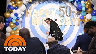 The Roots pelt Jimmy Fallon with cupcakes for 50th birthday [upl. by Ettennaej]