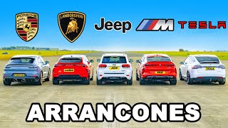 Lambo Urus vs Porsche Turbo GT vs BMW X6M vs Tesla Model X vs Jeep Trackhawk ARRANCONES [upl. by Zetes]