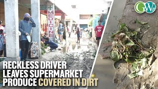 DMP MESSY MISHAP RECKLESS DRIVER SPLASHES DIRT ON VEGETABLES AT SUPERMARKET [upl. by Iron]