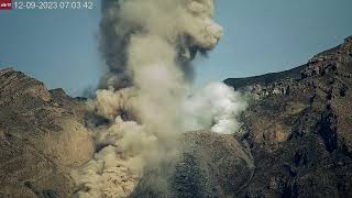 Rock thrown into the air during a strombolian eruption at Semeru Volcano Dec 9 2023 [upl. by Gulgee]