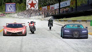 Kawasaki Ninja H2R vs Suzuki TL1000R vs Lamborghini Veneno vs Bugatti Chiron at Old SPA [upl. by Hardner]