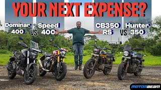 Triumph Speed 400 vs Honda CB350 RS vs Bajaj Dominar 400 vs Royal Enfield Hunter 350  MotorBeam [upl. by Ahselak764]