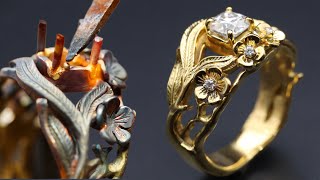 custom floral style engagement ring  making 18K gold engagement ring [upl. by Yank]