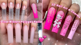 PINK WINTER POLYGEL NAILS💕 EASY POLYGEL APPLICATION amp 3D NAIL ART CHARMS DESIGN  Nail Tutorial [upl. by Sirred]