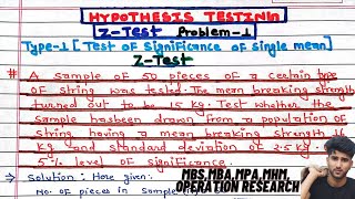 Hypothesis Testing Problems  Z Test amp T Statistics  One amp Two Tailed Tests 2  problem 1 [upl. by Veats]