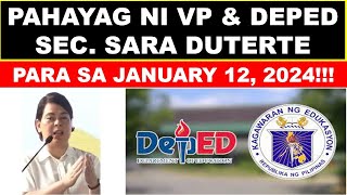 PAHAYAG NI VP amp DEPED SEC SARA DUTERTE PARA SA JANUARY 12 2024wildtvoregdepedlatestupdate [upl. by Ahseeyt]