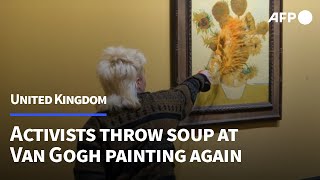 Van Goghs Sunflowers targeted with soup again after UK activists jailed  AFP [upl. by Yblehs645]