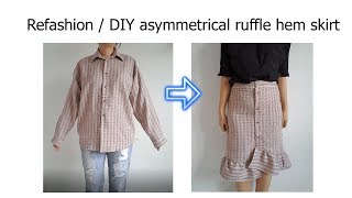 V011 Refashion mens shirt to asymmetrical gingham ruffle skirt  Thrift Flip [upl. by Ttelrahc938]