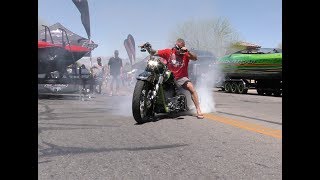 Harley Davidson Bagger Doing Burnout at Boat Show [upl. by Rehsa]