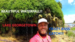 BEAUTIFUL WATERFALL AT LAKE GEORGETOWN CROCKET GARDEN FALLS WITH CRAZY LARGEMOUTH BASS CATCH [upl. by Illehs]