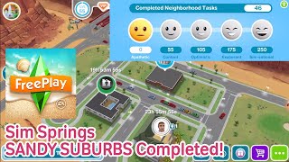 The Sims Freeplay Sim Springs Sandy Suburbs Complete TourHappiness level [upl. by Peg]