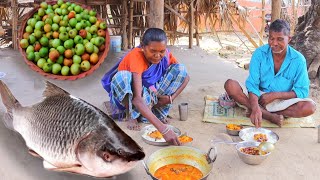 ROHU FISH CURRY amp KULER CHATNI cooking eating by our santali tribe grand ma  fish curry [upl. by Attezi]