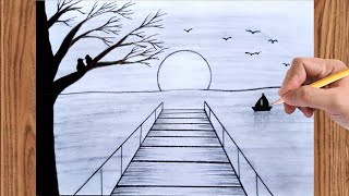 beautiful Drawing of Nature  How to draw sketch Of Nature Pencil Drawing  Bird Couple Bridge boat [upl. by Zapot472]