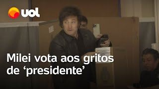 Eleição Argentina Javier Milei vota aos gritos de ‘presidente’ em 2º turno [upl. by Nilyad485]