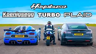 Koenigsegg v Tesla Plaid v Turbo Hayabusa DRAG RACE [upl. by Arocat]