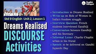 Std 9 English  Unit 2 Lesson quotDreams Realisedquot  DISCOURSES amp LANGUAGE ELEMENTS [upl. by Corbie]