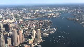 United Airlines 737900ER split scimitar  Takeoff from Boston Logan  View of Downtown Boston [upl. by Anaerda]