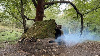 Building Complete And Warm Rock Survival Shelter With A Knife Bushcraft Survival Skills Fireplace [upl. by Rydder15]