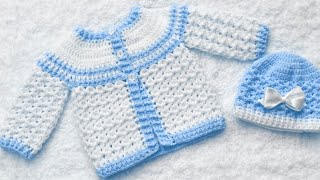 ¡HERMOSO PATRÓN DE CROCHET chaquetita o cardigan con gorrito tejido con ganchillo AJUAR PARA BEBE [upl. by Lydie]