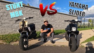 STUNT MBK VS YAMAHA SLIDER GROSSE CHUTE EN STUNT [upl. by Amiarom451]