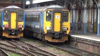 Terrific triple of Class 156s  Norwich rail station HD [upl. by Adlaremse930]