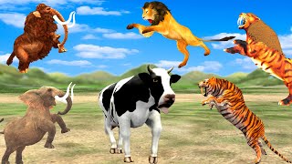 10 Elephants Vs 10 Giant Tiger Lion Fight Cow Cartoon Buffalo Saved by Woolly Mammoth Vs Sabertooth [upl. by Bollinger990]