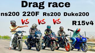 Pulsar 220f 2024 vs Ns200 vs rs200 vs duke200 vs r15v4 drag race yamaha ktm duke bajaj ns200 [upl. by Locke507]