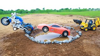 New Bugatti Car And New Jcb 3dx Xpert Accident Pulling Out Jcb 3dx Hero Bike  Cartoon video  CSToy [upl. by Elcin]