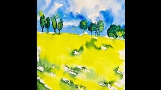 Aquarellmalerei Tutorial Landschaft mit leuchtend gelbem Rapsfeld unter blauem Himmel [upl. by Aisek]