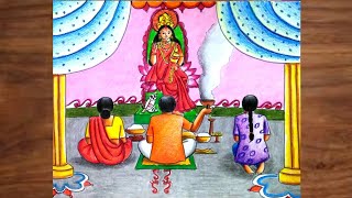 Maa lakshmi puja drawing easy step by stepLakshmi puja scenery drawing colours [upl. by Airdnaxila]