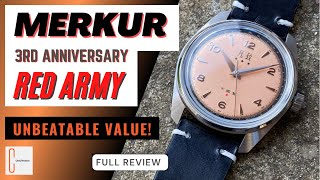 Merkur 3rd Anniversary Red Army Field Watch Retro Salmon dial Unbeatable Value Full Review HD [upl. by Helbonia]