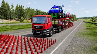 Double Flatbed Trailer Truck vs Speedbumps Train vs Cars  Tractor vs Train BeamngDrive [upl. by Selin]