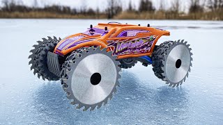 EXPERIMENT  Mega Saws Instead Of Wheels On a Very Fast 60KMh RadioControlled Car [upl. by Eiddam]