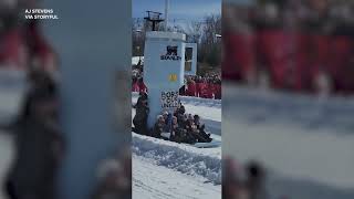 Colorful Cardboard Barbie Van Stanley Cup Race in Sled Competition [upl. by Ozkum]