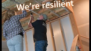 Drywall and resilient channel install in our basement family room [upl. by Nwahsit56]