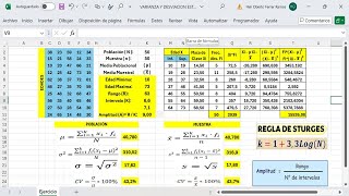 Medidas de Dispersión Para Datos Agrupados en Intervalos en Excel Población y Muestra µ x̅ σ2 S2 [upl. by Rita138]