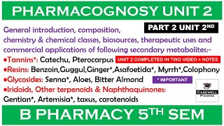 Part 2 Unit 2 completed  Pharmacognosy 5th sem  Tannins Resins Glycosides Iridoids etc [upl. by Armat]