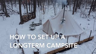 How to set up a long term hot tent campsite tent platform Stout bell tent stone fire pit [upl. by Acinej]