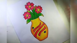 Easy and simple flower pot drawing  Flower Vase drawing  How to draw flower pot step by step [upl. by Arotak]