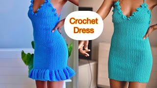 Crochet Ruffle Dress  Pencil Dress Easy Tutorial With Floral Detail [upl. by Saeger623]