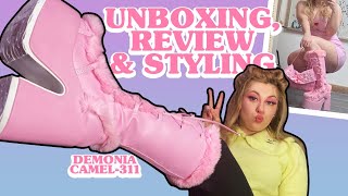 UNBOXING NEW PASTEL PINK PLATFORMS  Demonia Camel311 Boots Styled 3 Ways  Pink Kawaii Shoes [upl. by Ralyks268]