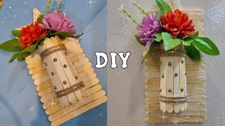 Flower Vase With Ice Cream Sticks Making Paper Flowers  DIY Easy Flower Vase With Popsicle Sticks [upl. by Aivilys]