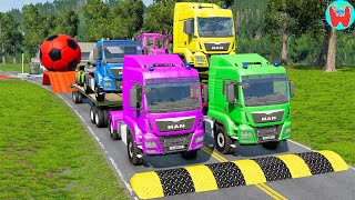 Double Flatbed Trailer Truck vs Speedbumps Train vs Cars  Tractor vs Train BeamngDrive 002 [upl. by Yenruoj671]