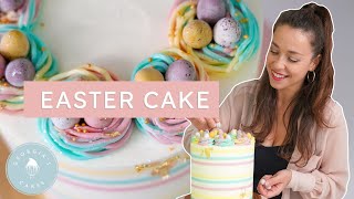 The cutest EASTER Cake with Striped Buttercream and Piped Nests  Georgias Cakes [upl. by Rednasyl405]